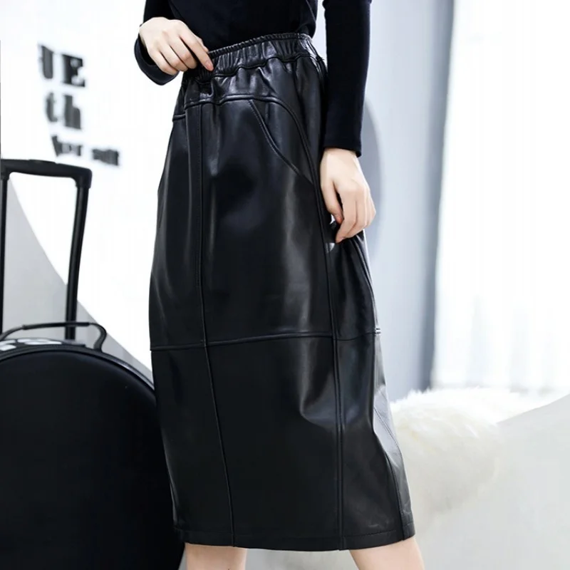 

Winter 2022 Autumn Black Genuine Leather Mid Long Skirts Elastic Waist A-Line Lantern Sheepskin Skirt Big Pockets Faldas Mujer