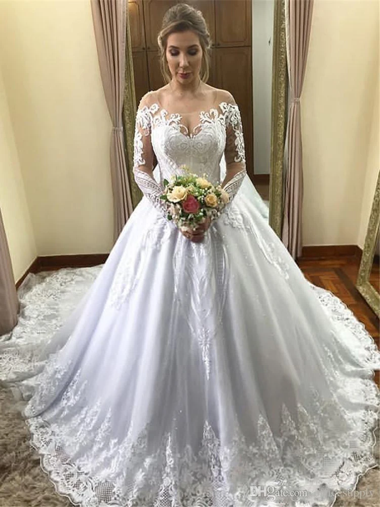 Vestidos de novia de tul de manga larga, ropa de novia con apliques de línea A de encaje árabe, de talla grande, 2020