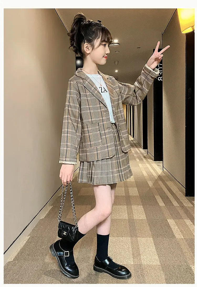 Mädchen-Kleidungsanzug für formelle Partys, Blazer- und Rock-Set, modische Frühlings-Outfits aus Baumwolle und Leinen für Kinder im Alter von 4, 5, 7, 9, 11, 12, 13 Jahren. – Detail 2