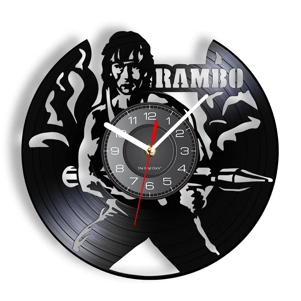 

Rambo Movie Inspired Vinyl Music Record Wall Clock Man Cave Decor Soldier John Rambo Portrait Laser Etch Vinyl Disk Craft Clock