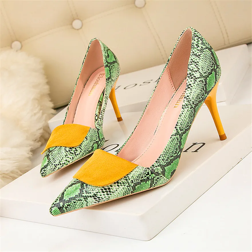 2024 Spring Sexy Stitching Snake Pattern Women Shoes Shallow Female High Heels Shoes Pointed Dress Nightclub Single Shoes Woman