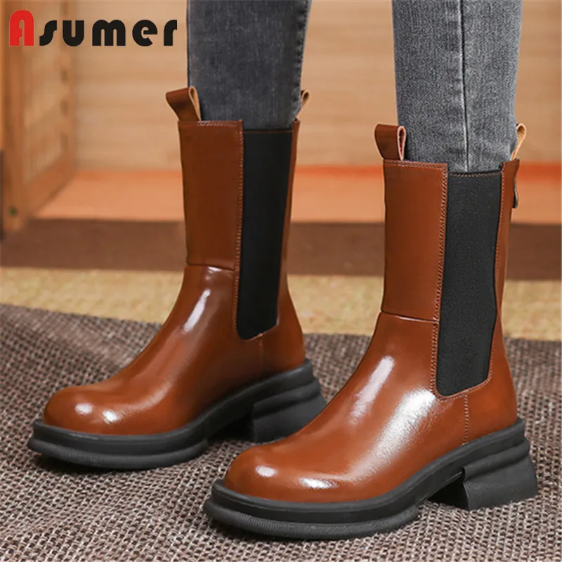 

ASUMER 2022 Newest Wool Snow Boots Women Genuine Leather Shoes Winter Boots Low Heels Zip Fashion Women Ankle Boots Black