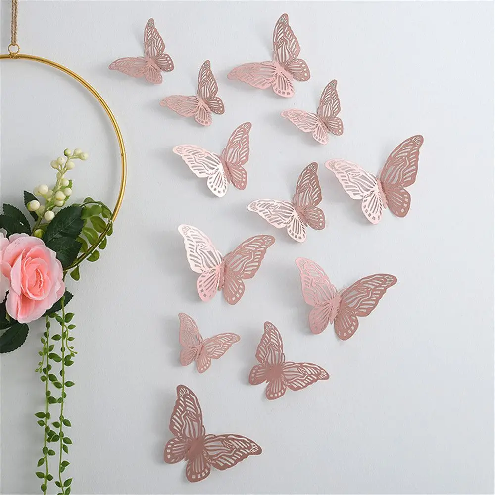 12 pz/set 3D Hollow Butterfly Wall decalcomanie adesivi farfalle fai da te Art Wall Decor Wedding Festival Wallpaper decorazione della casa