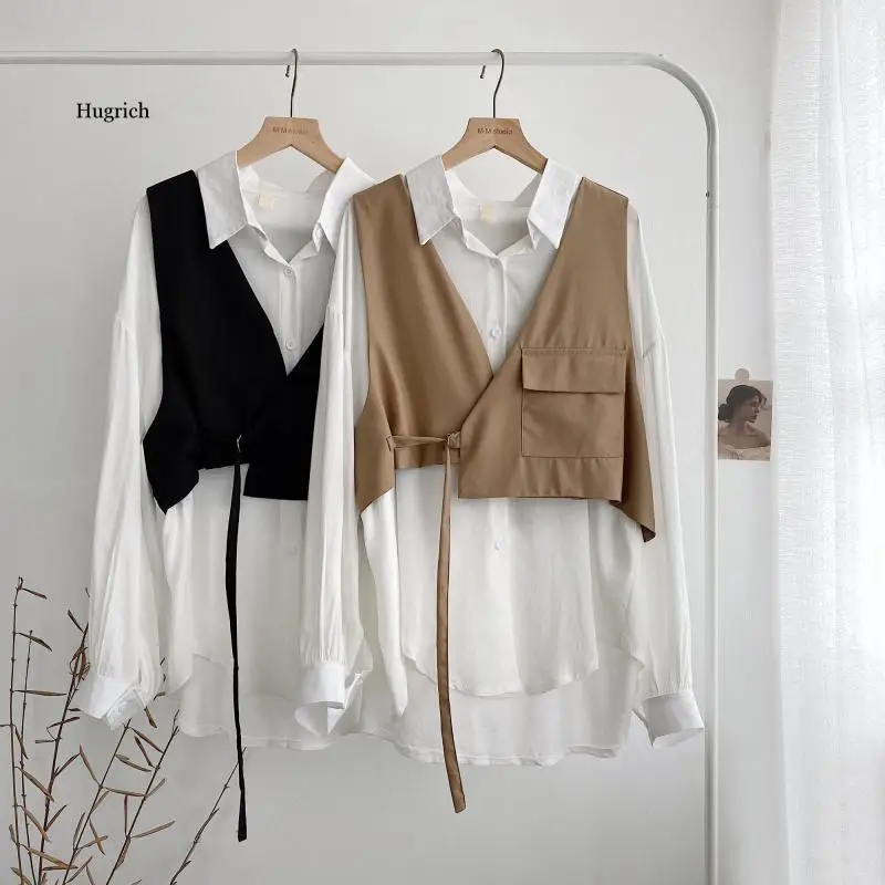 Autumn New Fashion All-Match Solid Color Slimming Shirt + Pocket Vest Jacket Two-Piece Suit Women