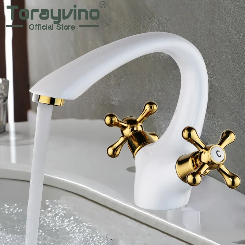 

Torayvino Bathroom Faucet White Painting & Gold Brass Faucet Column Tap Basin Sink Deck Monted Dual Handles Mixer Water Tap