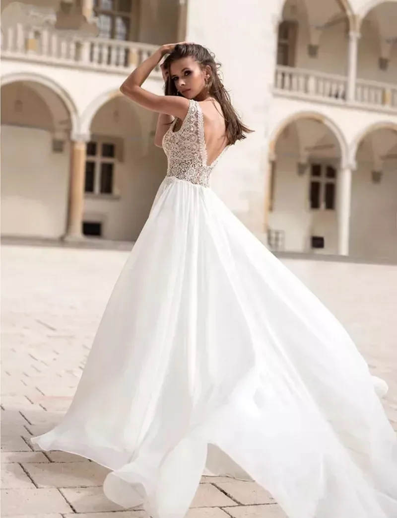 Abiti da sposa in Chiffon da spiaggia maniche a sbuffo staccabili scollo a V Applique in pizzo Backless Boho abiti da sposa eleganti abiti da sposa