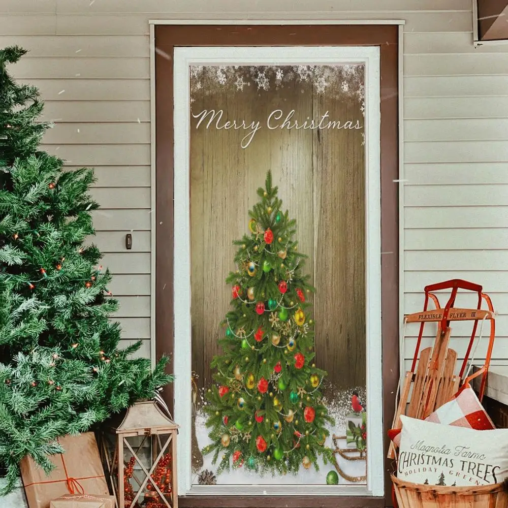 Merry Christmas Tree Washable Door Covers Elastic Fabric Reusable Door Posters Custom Front Door Banners (Not Wall Stickers)