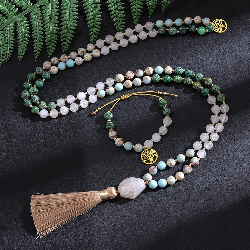 8mm White Stone African Turquoise Beads Knotted Japamala Necklace Meditation Yoga Jewelry Set 108 Mala Rosary