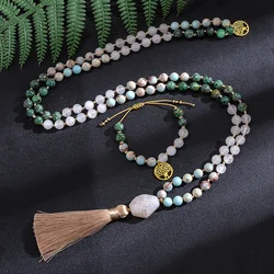 8mm White Stone African Turquoise Beads Knotted Japamala Necklace Meditation Yoga Jewelry Set 108 Mala Rosary