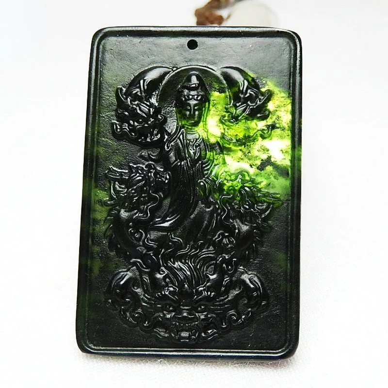 

Natural Black Green Jade Dragon Guanyin Pendant Jadeite Necklace Double-sided Carved Fashion Charm Jewelry Amulet Men Women Gift