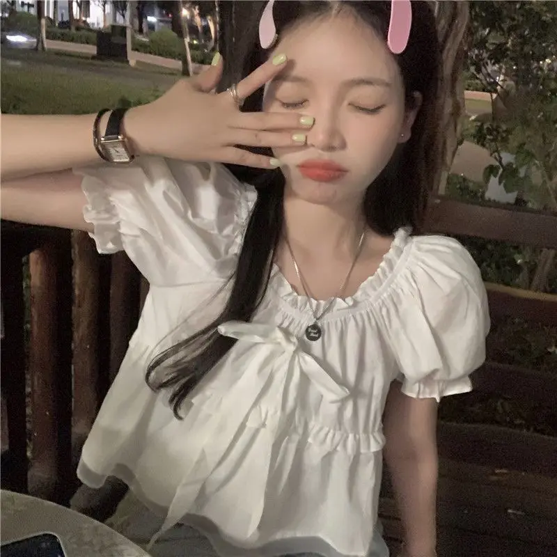 Women Blouse Short Sleeve Bow Elegant White Summer Tops Sweet All-match Simply Chic Female Clothing Solid Square Collar Leisure