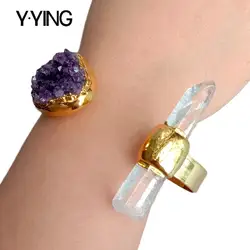 Y.YING Natural Amethysts Druzy White Quartz Bangle Gold Color Electroplated Bracelet Adjustable