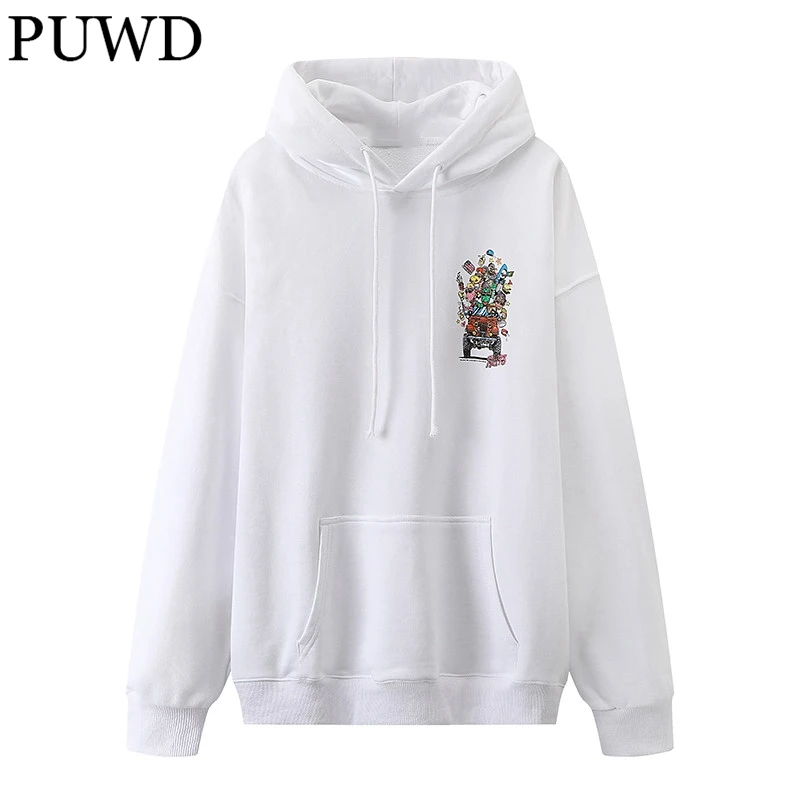 

PUWD Casual Girls Pocket Print Oversize Hoodies 2022 Autumn Fashion Ladies White Loose Hooded Pullover Women Chic Outwear