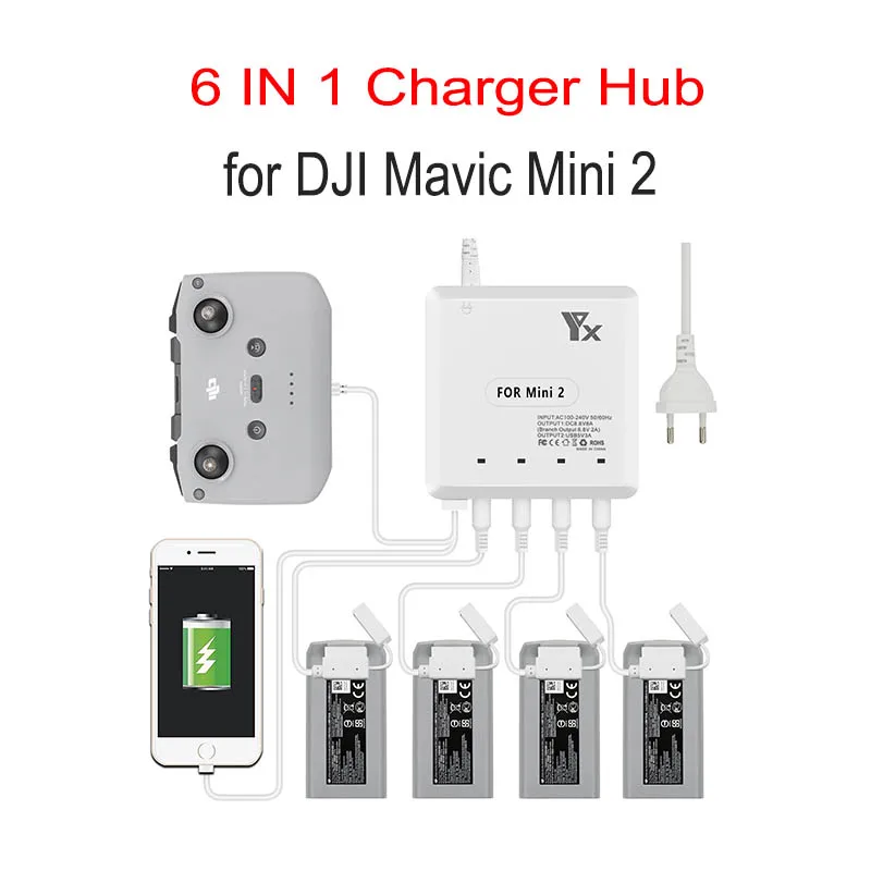 6 in 1 Battery Charger for DJI mini 4k Mini 2/SE Drone Battery Charging Hub Fast Smart Battery Charger with USB Port