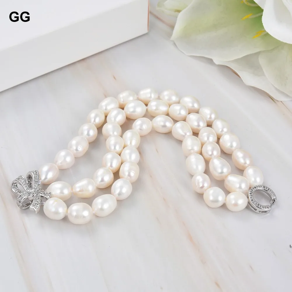 GuaiGuai Jewelry 8\'\' 3 Strands White Rice Pearl Bracelet CZ Clasp