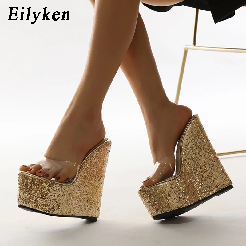 Eilyken PVC Transparent Platform Wedges Slippers Summer Peep Toe Shoes Woman Sexy Super High Mules Pumps Sandal