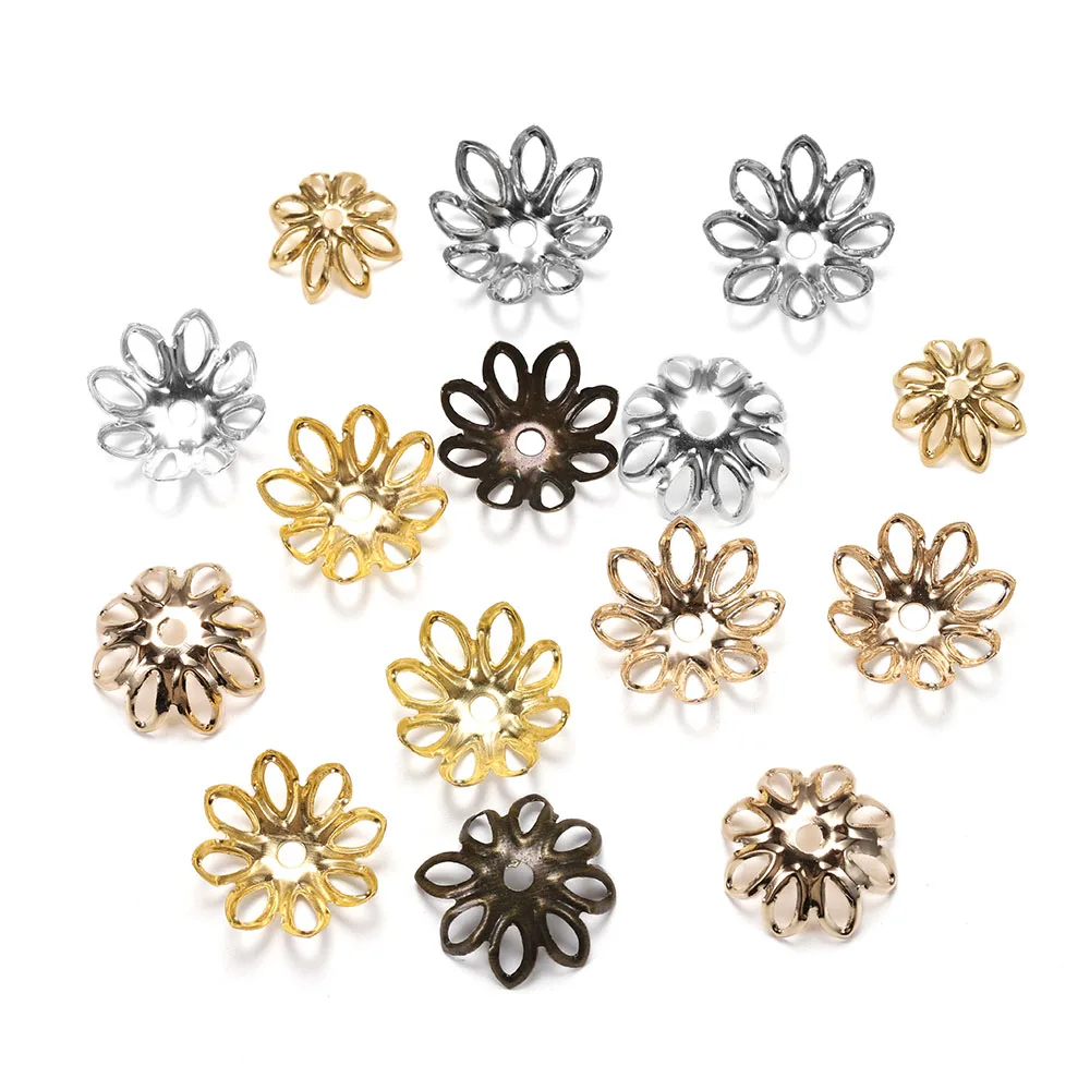 100pcs/lot Gold Bronze Plated Filigree Metal Hollow Flower Spacer Beads End Caps For Jewelry Making Charms Necklace