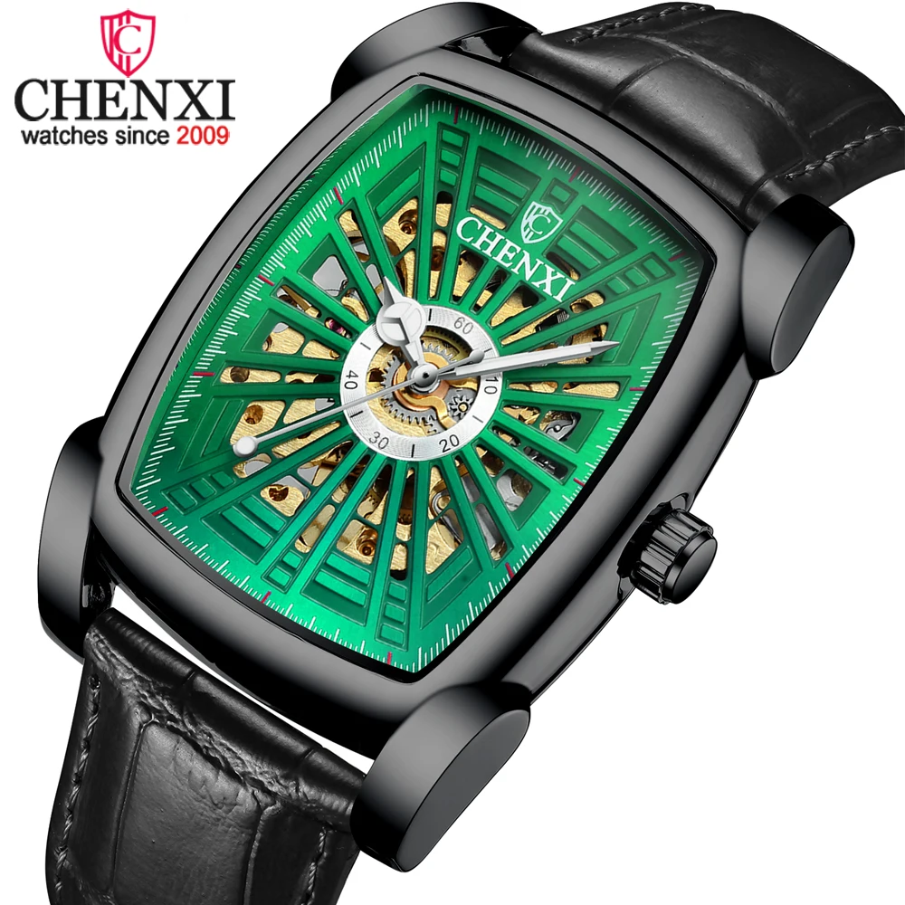 Chenxi Top Brand Business Men Watches Square Dial Automatic Luminous Clock Leather Hollow-carved Design Mens Wrist Watch Relogio