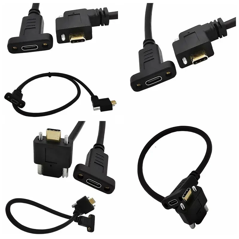 Tornillo de montaje en panel hembra USB 3,1 tipo C a datos macho USB-C de 90 grados arriba, abajo, izquierda y derecha con cable de tornillo 0,3 m 0,6 m 1,0 m