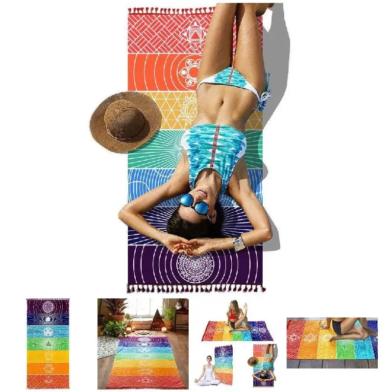 Rainbow Boho Beach Mat Mandala Blanket Striped Wall Hanging Tapestry Scarf Yoga Mat PRE Tapestries