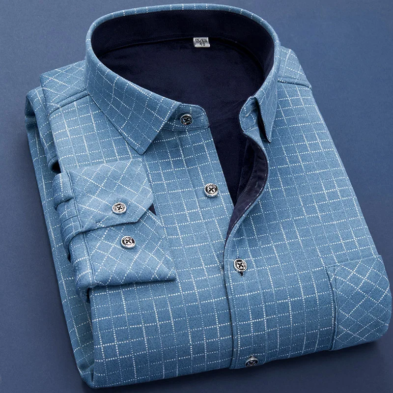 Camisa cálida de lana para hombre, camisa de manga larga con estampado de moda para negocios, de talla grande, gruesa, a cuadros, M-6XL, otoño e