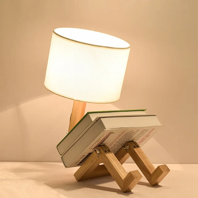 

Robot Shape Wooden Table Lamp E27 Lamp Holder 110-240V Modern Cloth Art Wood Desk Table Lamp Parlor Indoor Study Night Light