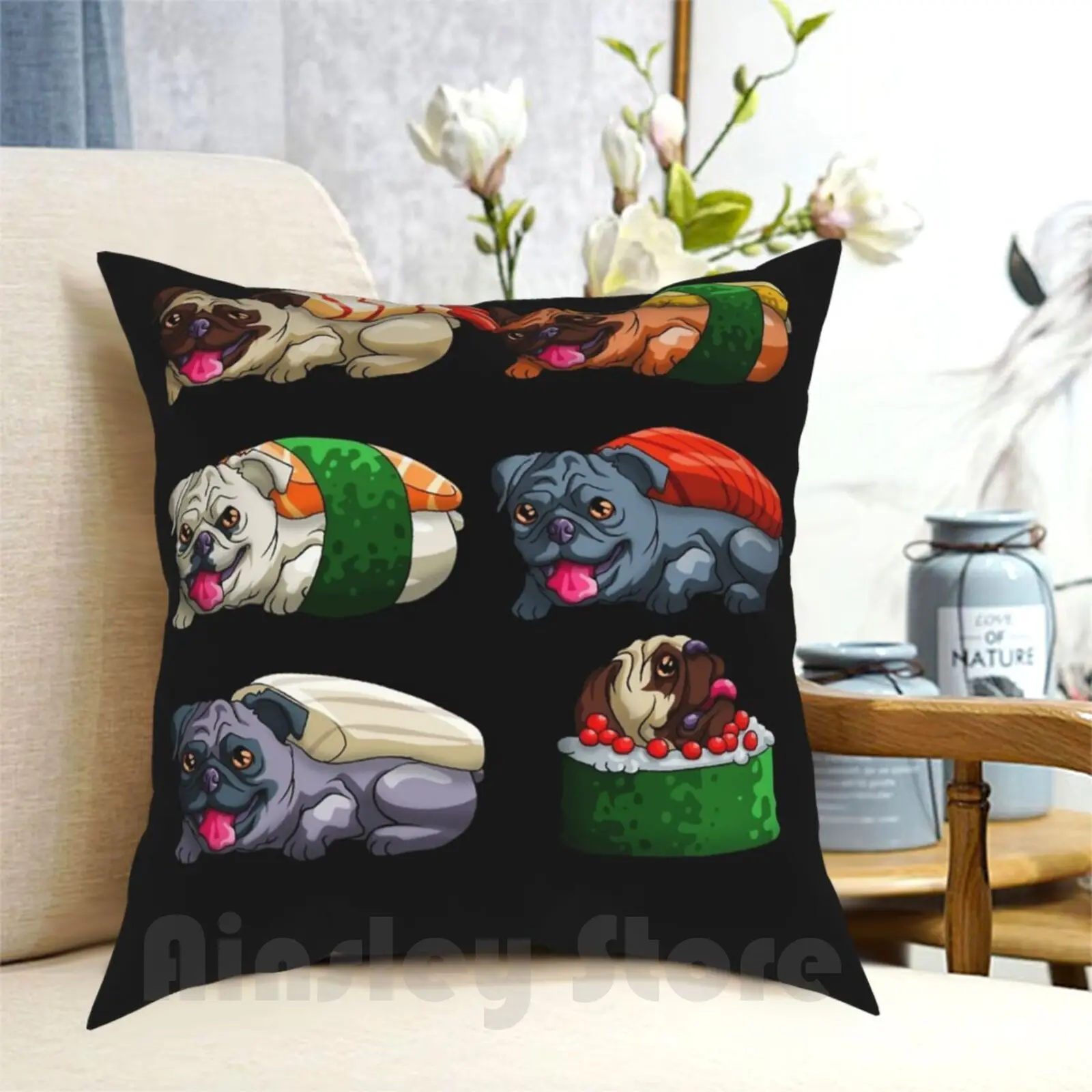 

Sushi Pug Funny Pugs Sushi Anime Kawaii Pillow Case Printed Home Soft Throw Pillow Sushi Food Japan Japanese Cute Funny