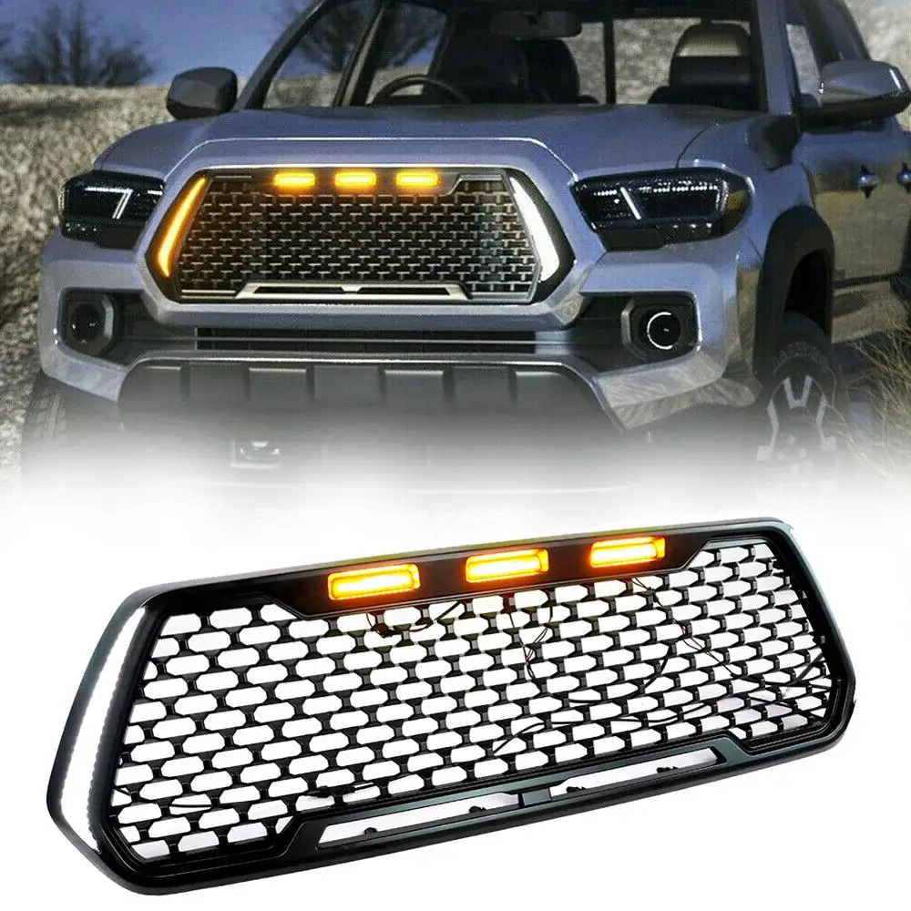 Front Bumper Grilles fit for Tacoma 2016-2019 with LED Turn Signal Lights and Day Lights Refit Grill Black