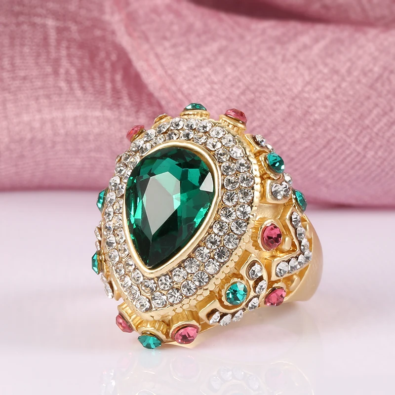 Kinel Fashion Boho Party Ring Female Water Drop Green Glass Big Rings Gold Color Vintage Wedding Jewelry Drop Shipping