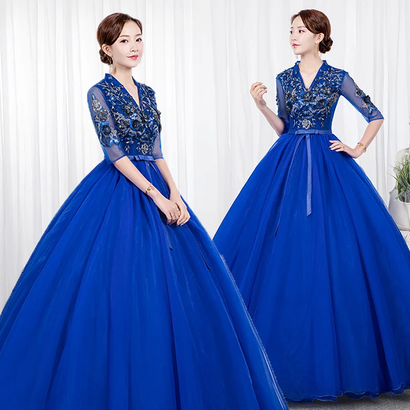 2021 Stock Royal Blue długie rękawy dekolt koronkowe sukienki Quinceanera suknia balowa sukienka na studniówkę Sweet 16 gorset Vestidos De 15 Anos