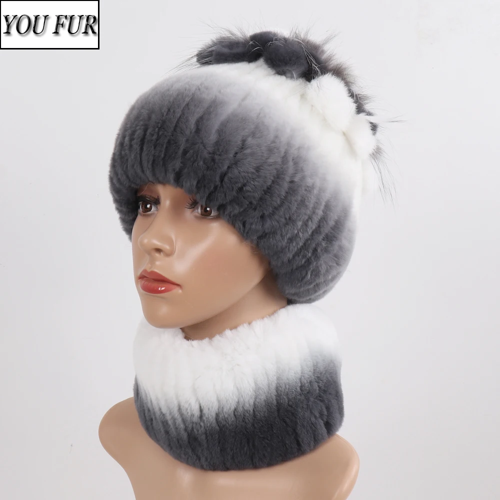 

New Style Lady Knit Fur Hats Muffler 2 Pieces Women Warm Rex Rabbit Fur Hat Scarf Sets Winter Natural Rex Rabbit Fur Cap Scarves