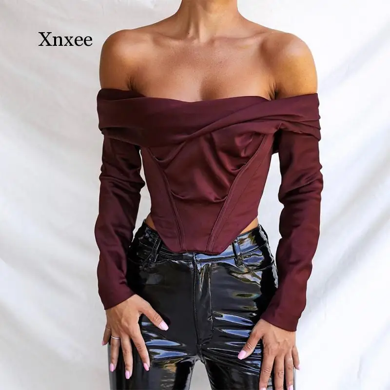 Satin Off Shoulder Draped Corset Crop Top Long Sleeve Wine Sexy Shirt Party Club Wear Bustier Tops