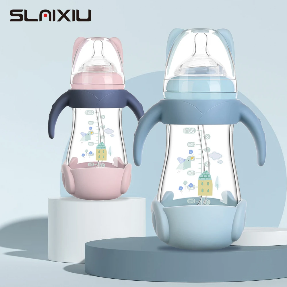 240ml Glass Baby Bottle Newborn Feeding Milk Bottles Shatter-resistant Glass High-temperature Anti-Colic Wide Aperture BPA Free