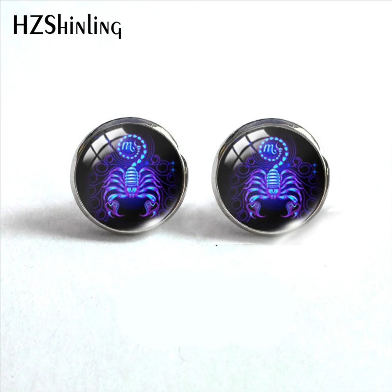 2020 New Zodiac Sign Stud Earring Virgo Gemini Earrings Handmade Round Glass Dome Art Printed Jewelry