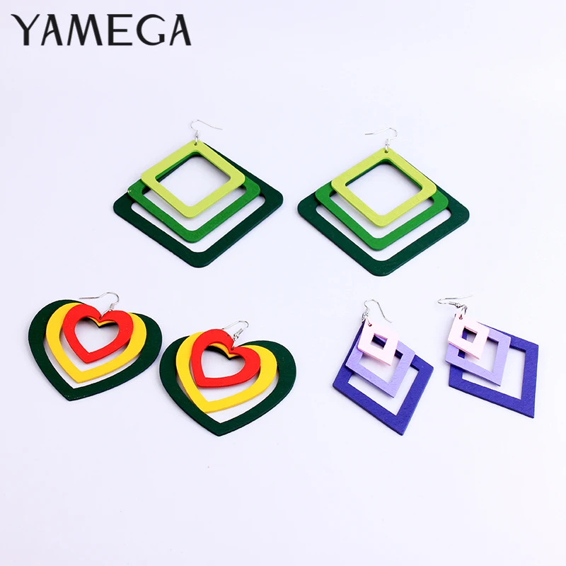 YAMEGA Large Multilayer Natural Wooden  Earrings Long StaColorful Africa Drop statement Earring For Women Lady Girls 2019 New