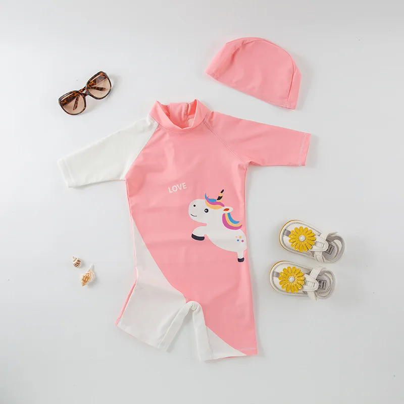 Baby Swimwear Flamingo Unicorn Swimsuit for Girls UPF50 Anti UV Bathing Suit for Girl One Piece Toddler Rashguard with Sleeves