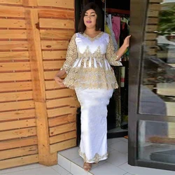 Plus Size Gold Lace Peplum Evening Gowns V Neck Long Sleeves Aso Ebi Mermaid Prom Dresses White Formal Party Dress 2022