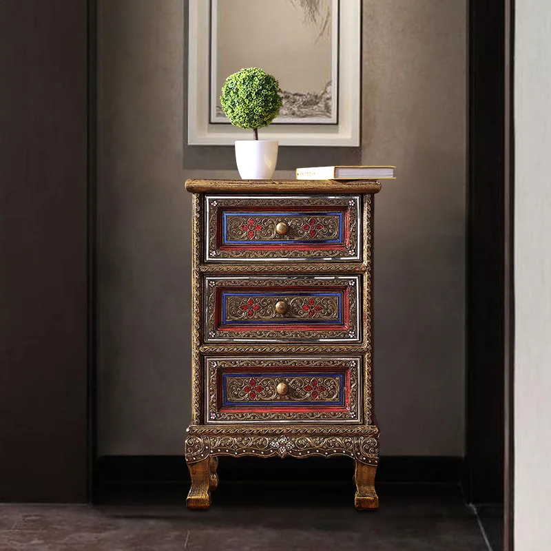 Thai Solid Wood Bedside Cabinet Thai Southeast Asian Style Narrow Cabinet Bedroom Storage Cabinet Small Furniture Chest Drawers