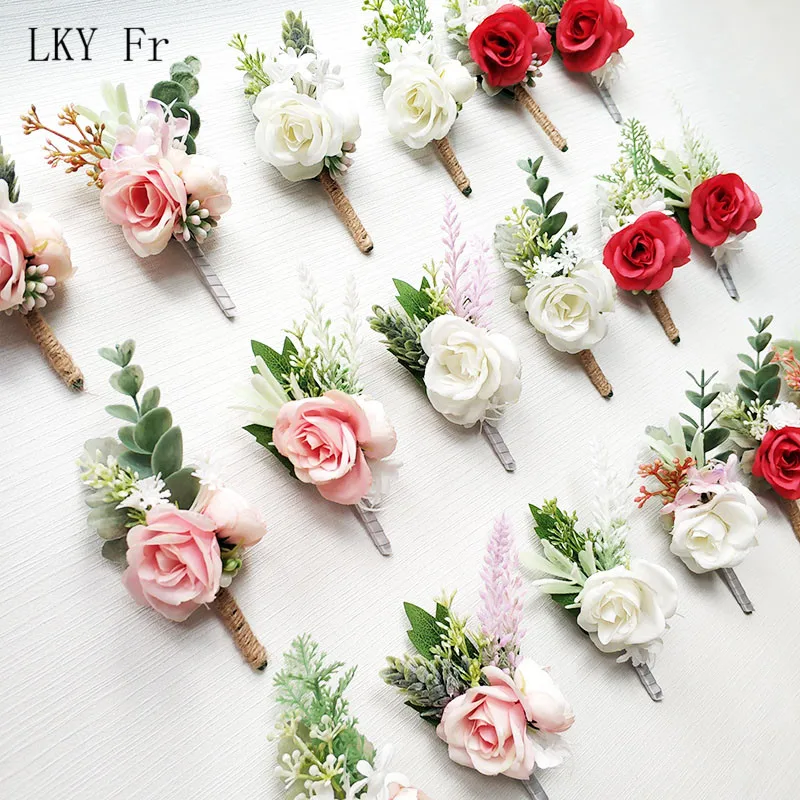 LKY Fr Boutonniere Flowers Wedding Corsage Pins White Pink Groom Boutonniere Buttonhole Men Wedding Witness Marriage Accessories