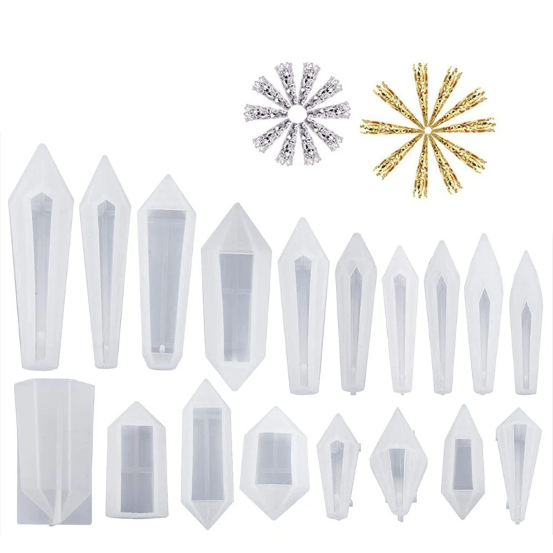 

18Pcs Resin Pendulum Molds Silicone Quartz Crystal Molds with 20cs Metal Bead Caps Epoxy UV Resin Molds Jewelry Tools