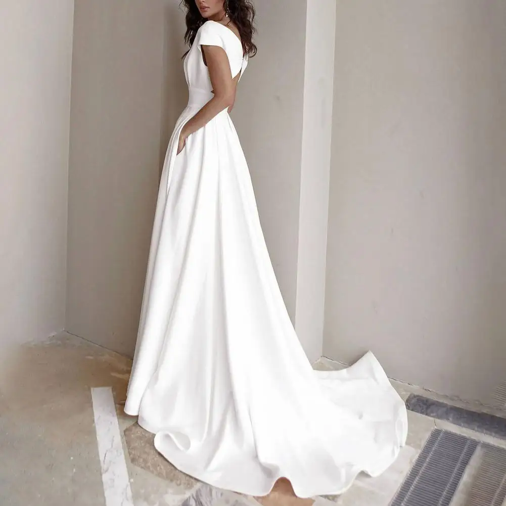 V-Neck Wedding Dress 2021 Women White High Waist Side Split Floor-Length Dress With Pockets for Banquet Elegant Party Dresses