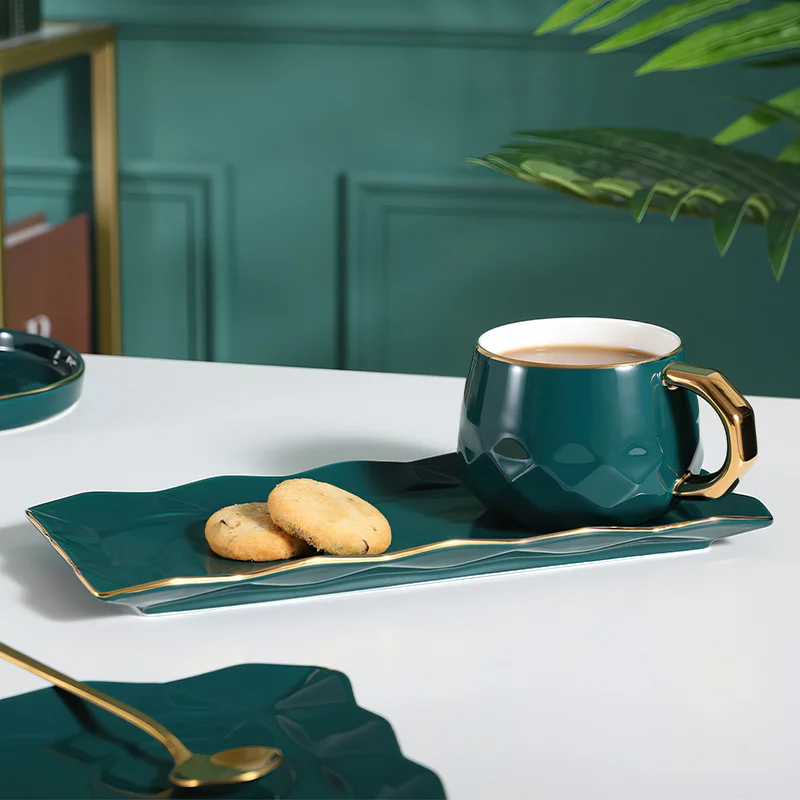 Ceramic Cup Dish Set Nordic Green Water Ware Coffee Cup Rectangular Tray Small Spoon Gift Box Home Bar Decoration Tea Cup