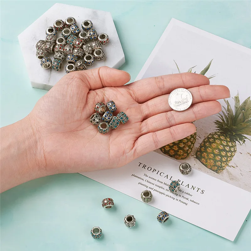 50pcs Alloy Rhinestone Beads European Beads Rondelle Mixed Color Large Hole Beads with Leaf for Jewelry Making 9x7mm Hole:5mm