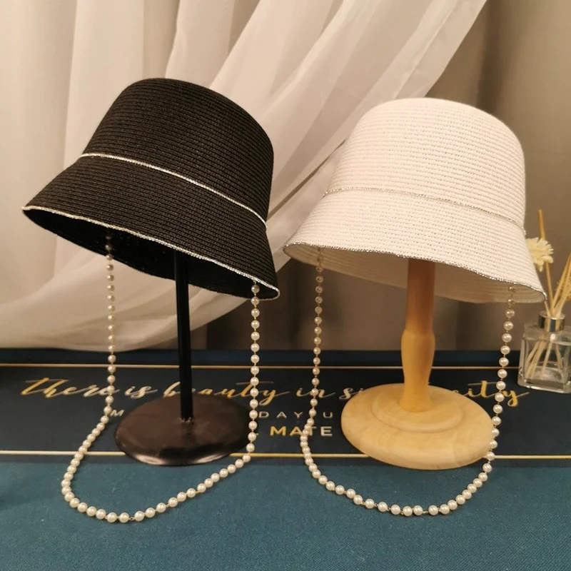 

2021 Fashion Summer Pearl Chain Flat Sun Hats for Women Straw Hat Panama Beach Bucket Cap