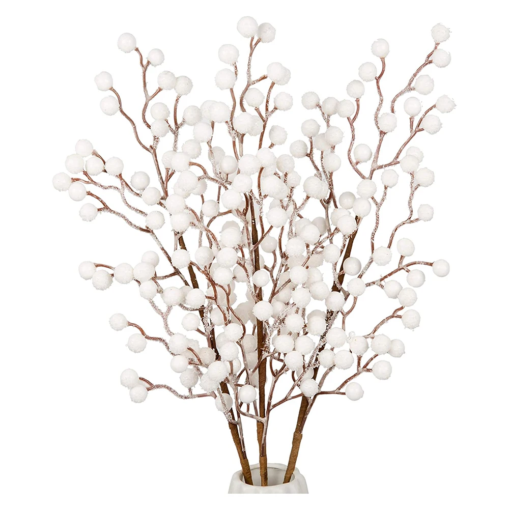 1Pcs Artificial White Berries Stems Christmas Berry Branches For Flowers Arrangements&Home DIY Crafts Fake Snow Tree Decorations