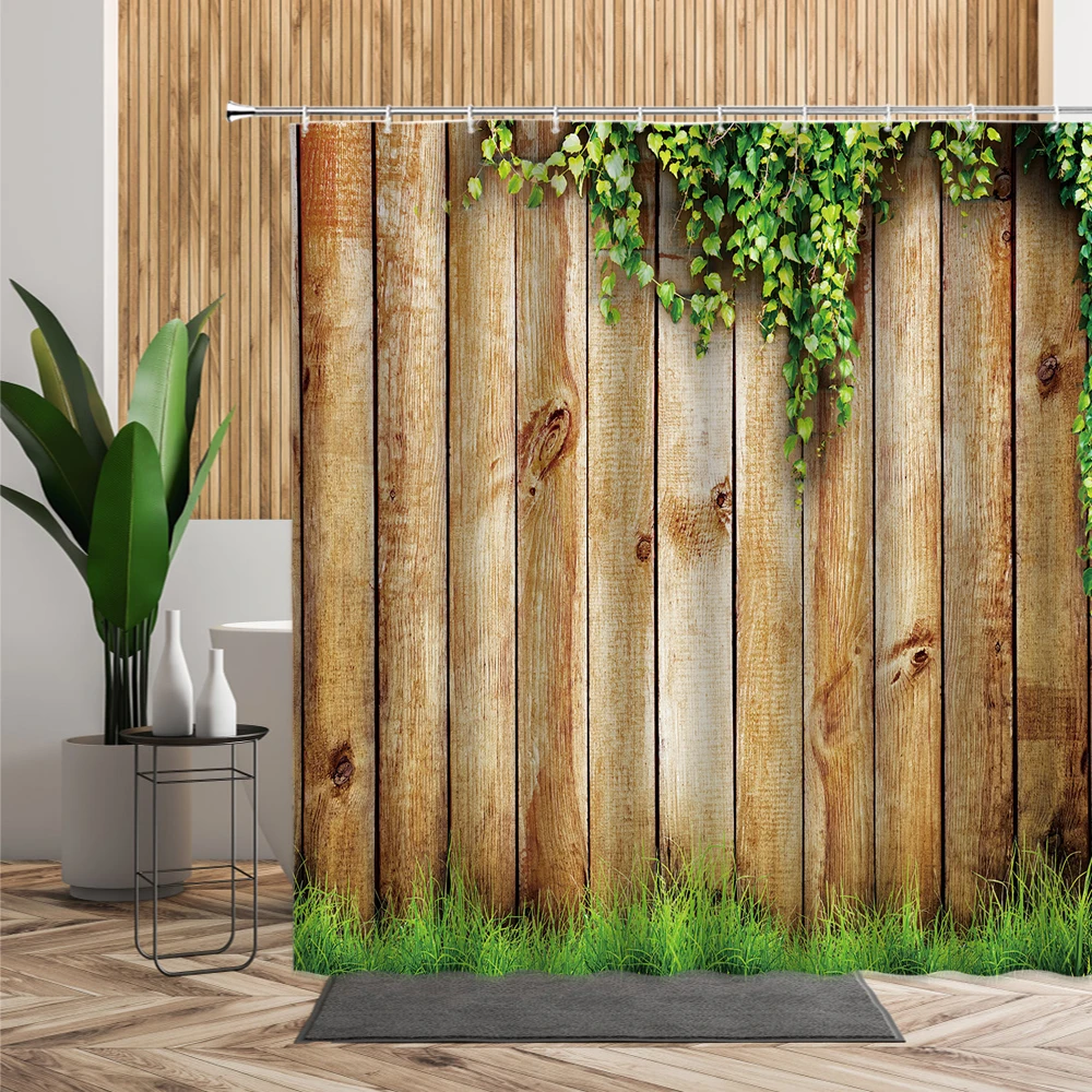 

Retro Wood Grain Plant Shower Curtain Nostalgic Flowers Wood Board Background Waterproof Bathtub Screen Wall Decor Hanging Cloth