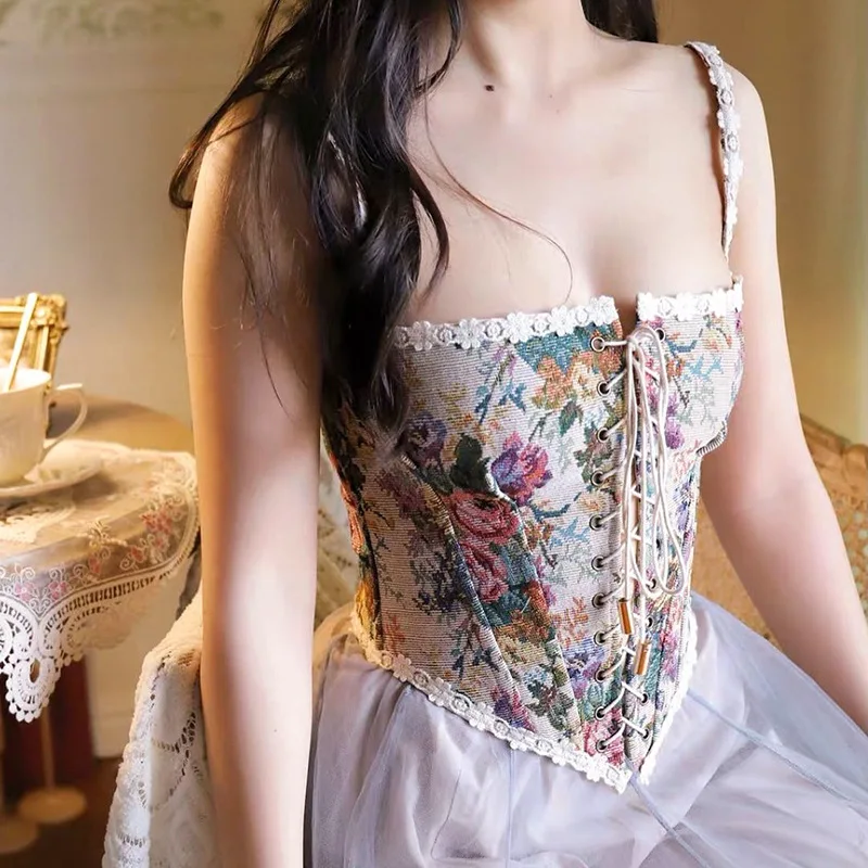 Vintage Floral Print Corset Flounce Irregular Suspender Cummerbunds Women Sexy Bodycon Boat Neck Jacquard Camisole