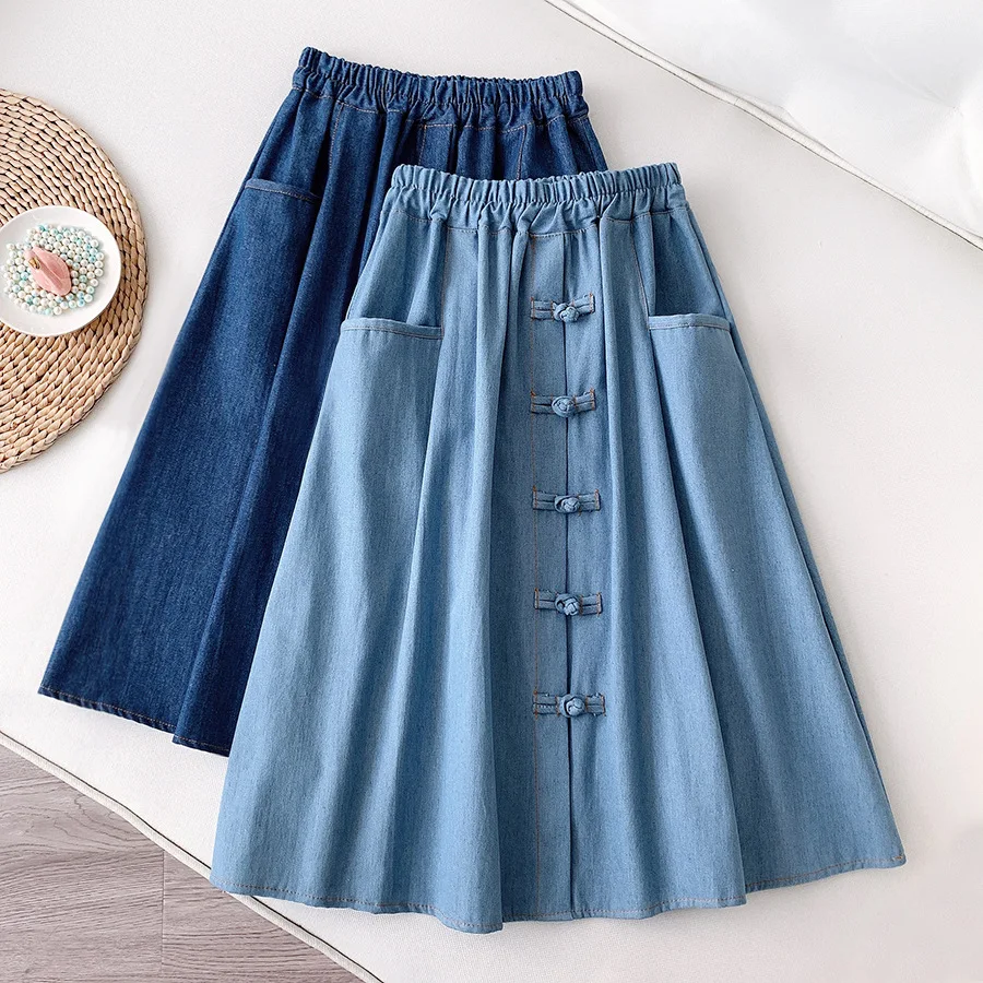 

PEONFLY Vintage Denim Midi Skirt Women 2022 Spring Summer A Line HIgh Waist Knee Length Jeans Skirt Female with Pocket School