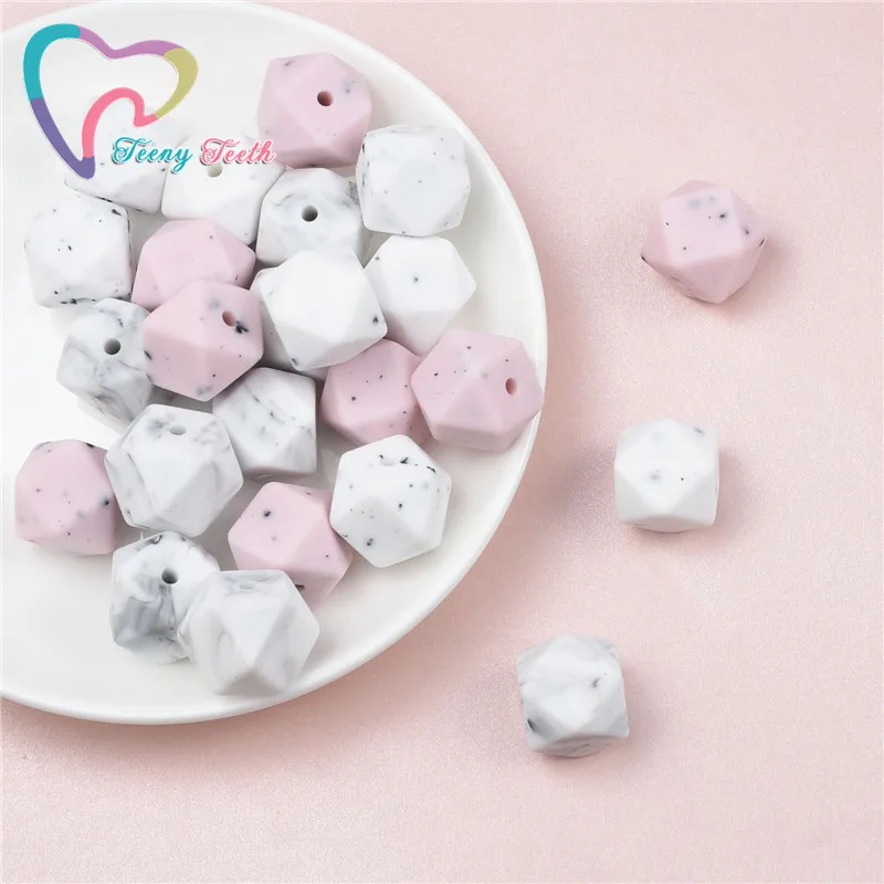 Teeny Teeth 10 PCS Marble & Gritty Hexagon 14-17 MM Beads Teething Silicone Beads Food Grade Silicone Jewelry Baby Toys Beads