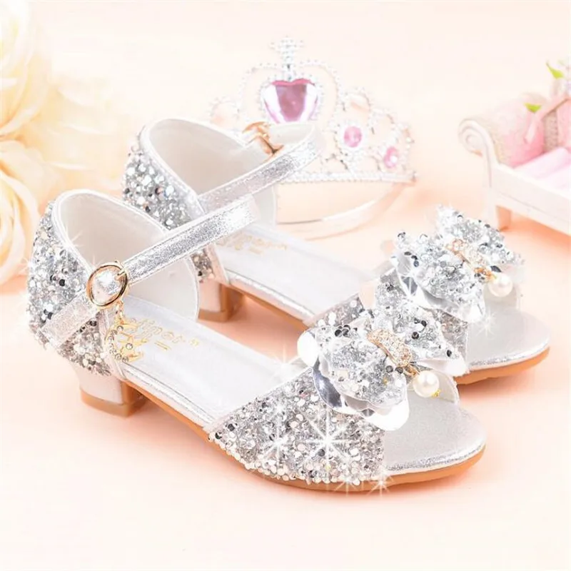 Princess Girls Party Shoes Children Sandals Bow Sequins High Heels Shoes Girls Sandals Peep Toe Summer Kids Shoes High Heels